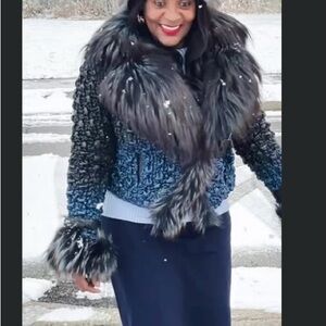 🔥Dina Silver Fox and Leather Jacket (Blue)